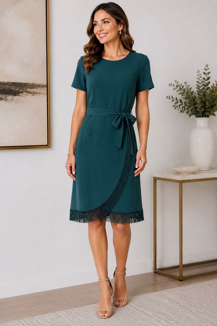 Shelby & Palmer Green Fringe Faux Wrap Tie Waist Dress Size 8